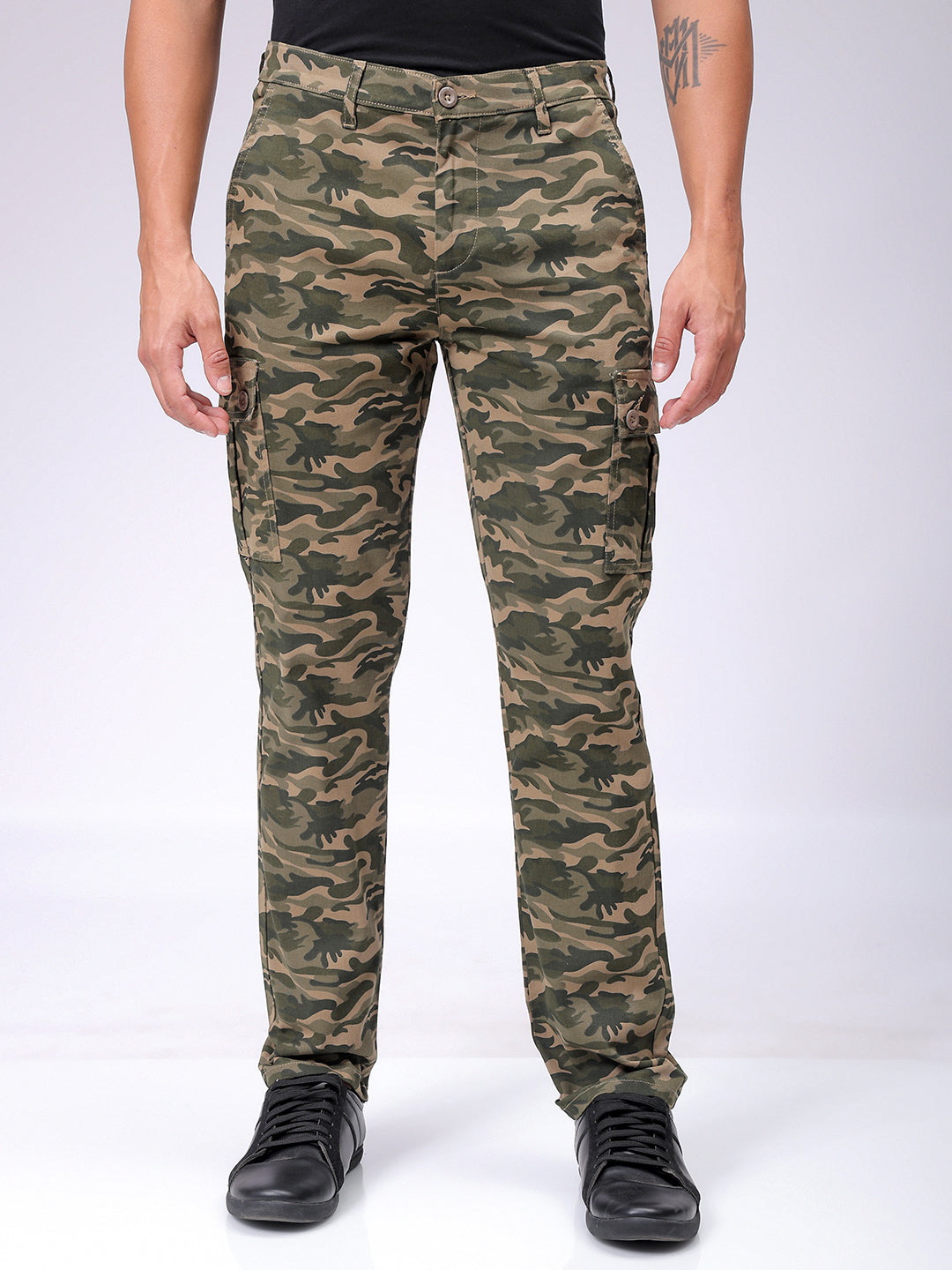 Men's Olive Slim Fit Camouflage Mid-Rise Cargos