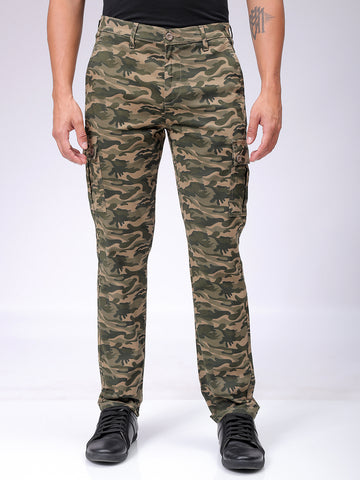 Men's Olive Slim Fit Camouflage Mid-Rise Cargos