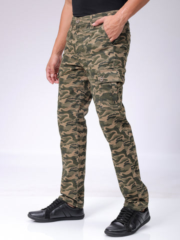 Men's Olive Slim Fit Camouflage Mid-Rise Cargos