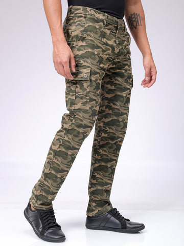 Men's Olive Slim Fit Camouflage Mid-Rise Cargos