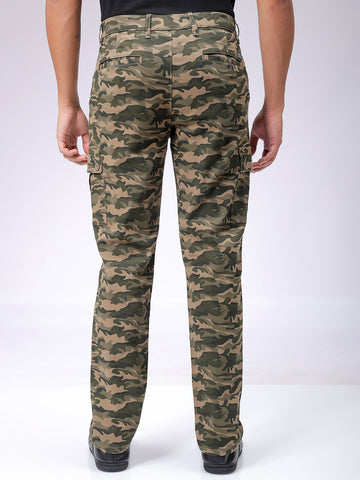 Men's Olive Slim Fit Camouflage Mid-Rise Cargos