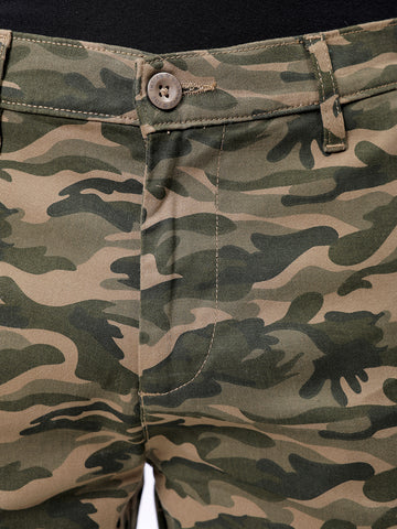 Men's Olive Slim Fit Camouflage Mid-Rise Cargos