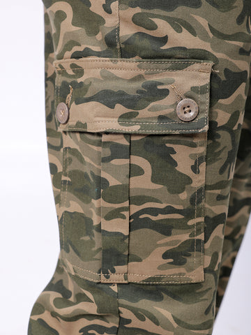 Men's Olive Slim Fit Camouflage Mid-Rise Cargos