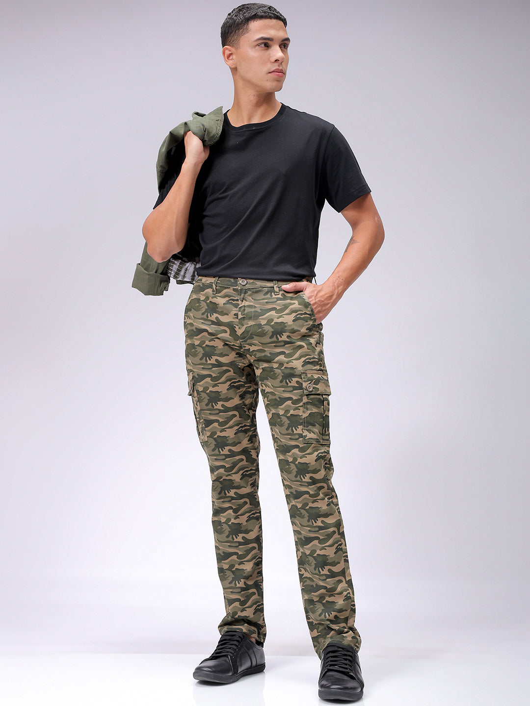 Men's Olive Slim Fit Camouflage Mid-Rise Cargos