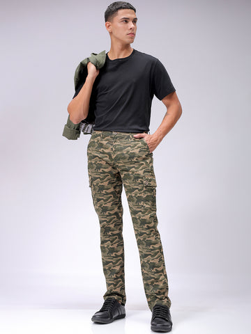 Men's Olive Slim Fit Camouflage Mid-Rise Cargos