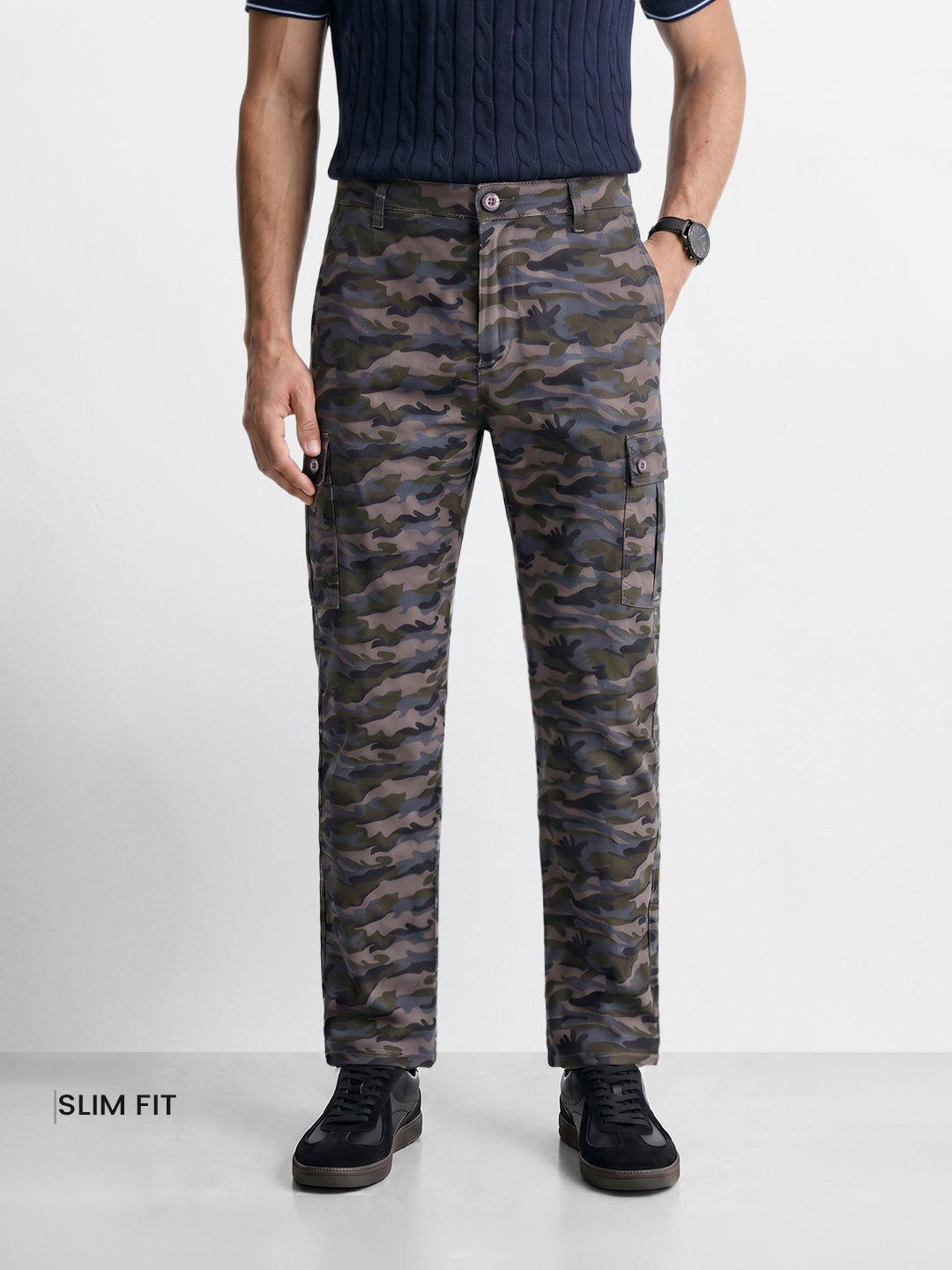 Men's Grey Slim Fit Camouflage Print Cargo