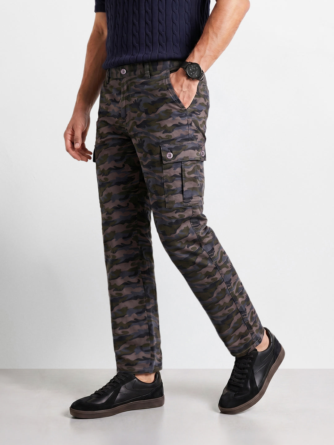 Men's Grey Slim Fit Camouflage Print Cargo