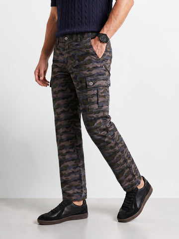 Men's Grey Slim Fit Camouflage Print Cargo