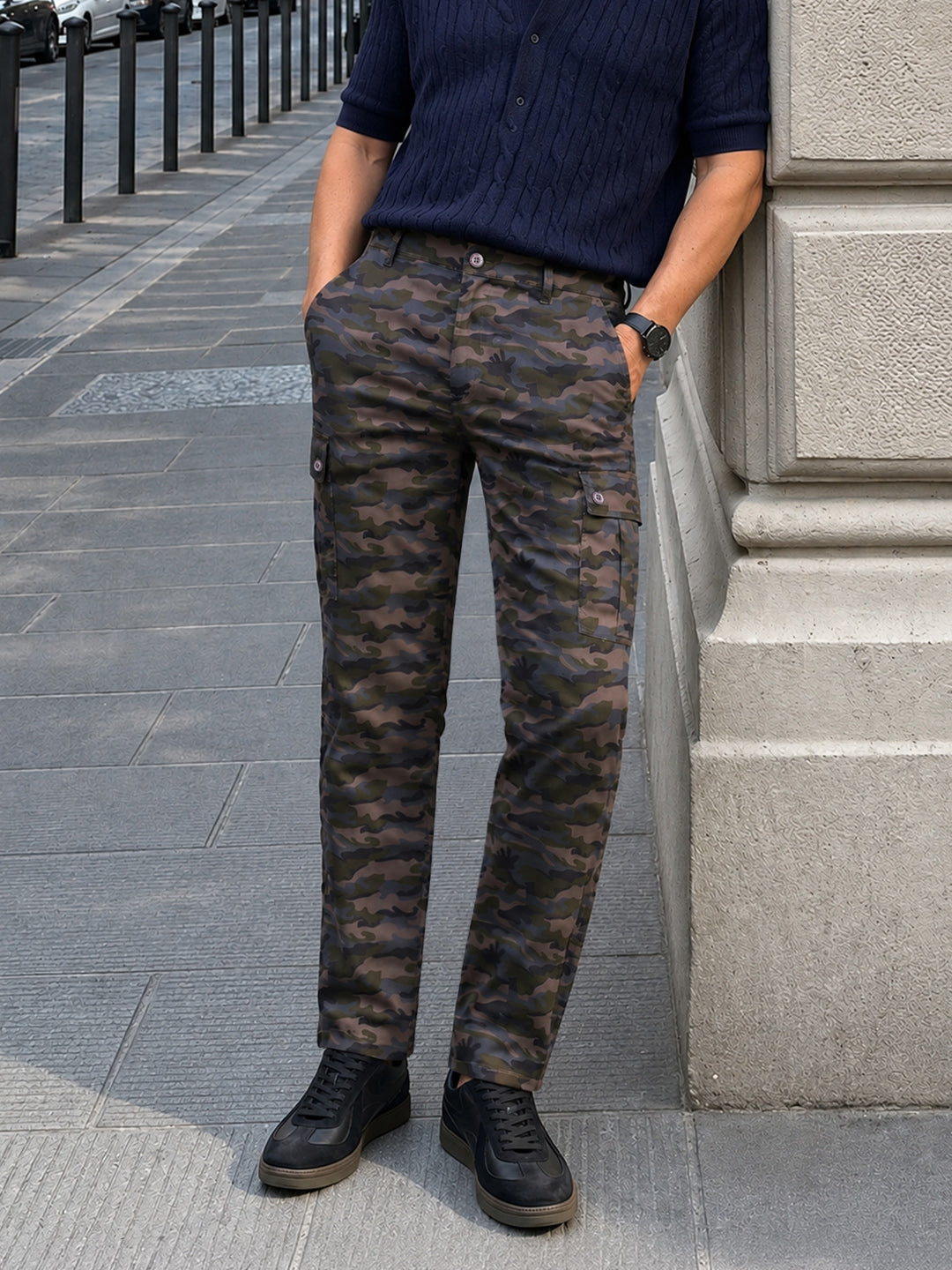 Men's Grey Slim Fit Camouflage Print Cargo