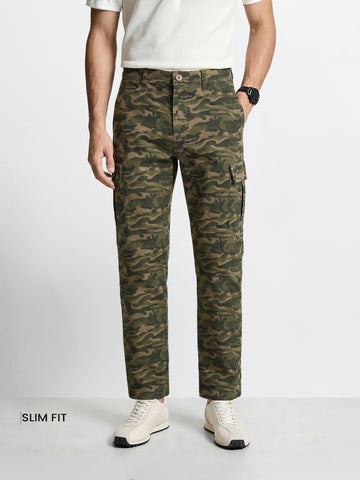 Men's Olive Slim Fit Camouflage Print Casual Cargo