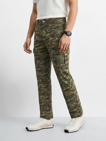 Men's Olive Slim Fit Camouflage Print Casual Cargo