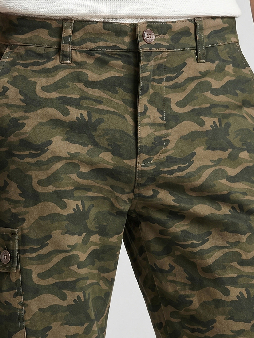 Men's Olive Slim Fit Camouflage Print Casual Cargo
