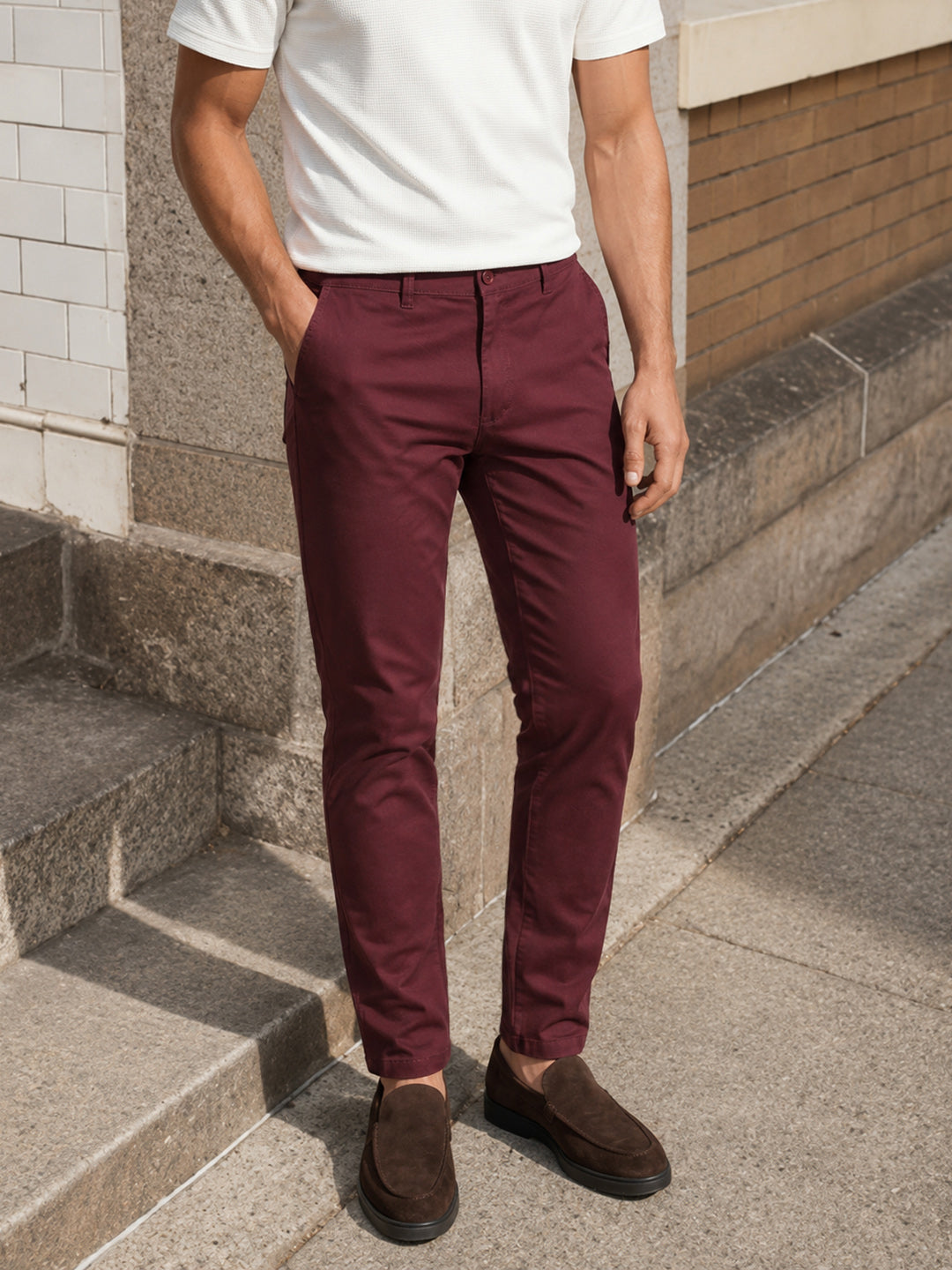 Men's Maroon Slim Fit Solid Chino