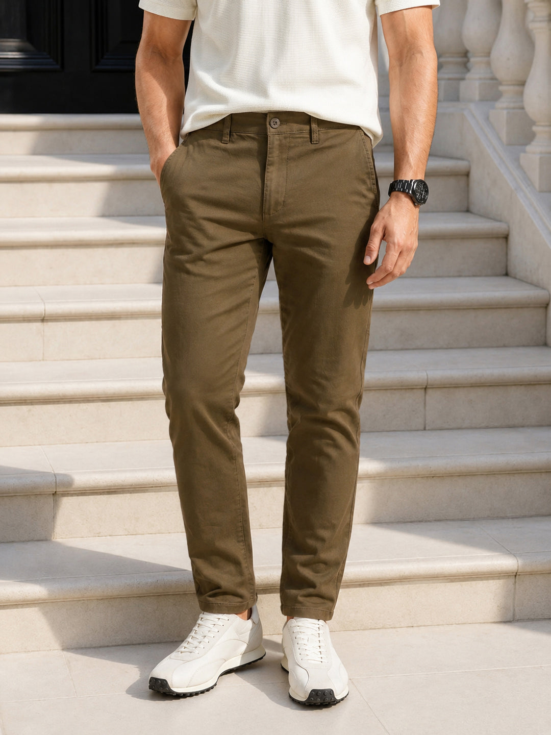Men's Olive Slim Fit Solid Chino