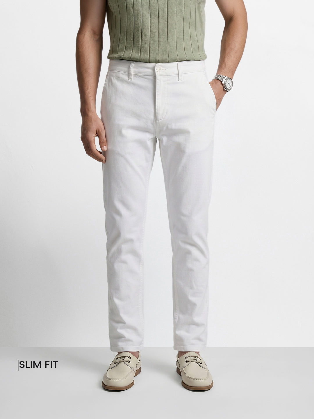 Men's White Slim Fit Solid Chino