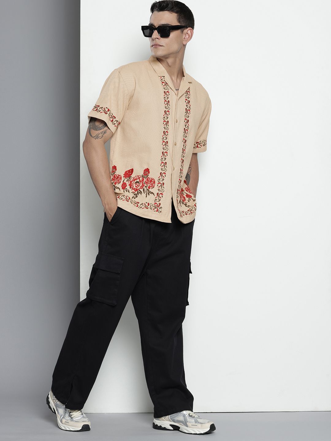 Men's Khaki Relaxed Fit Embroided  Resort Wear Shirt