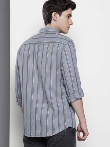 Men's Grey Slim Fit Striped Casual Shirt