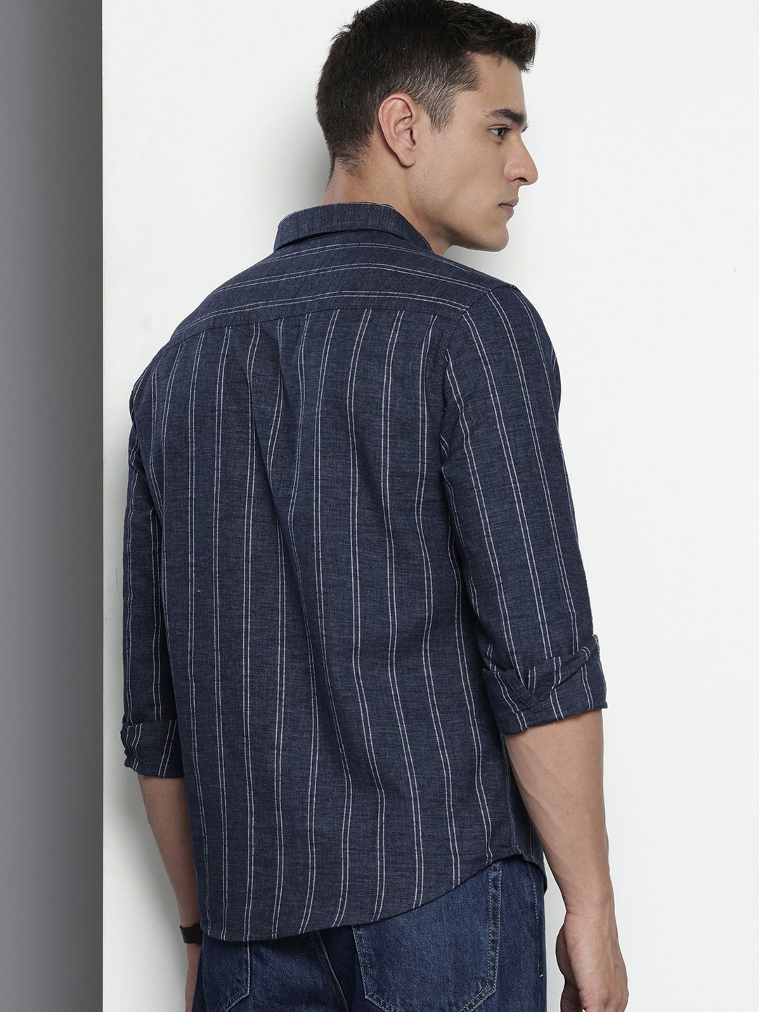 Men's Navy Blue Slim Fit Striped Casual Shirt
