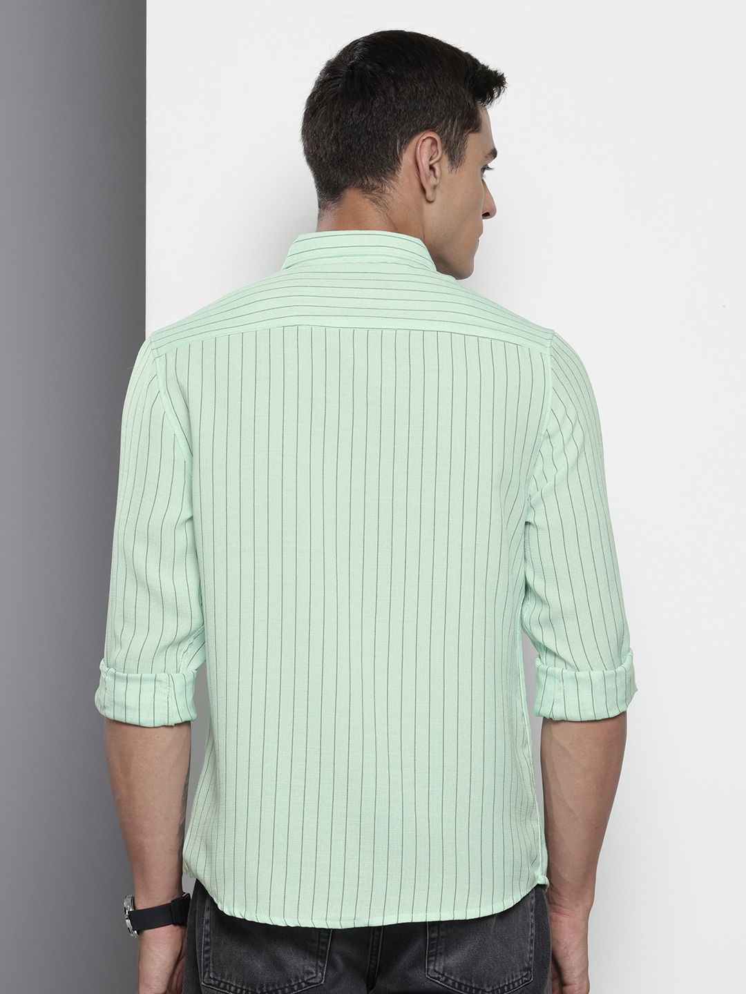 Men's Green Slim Fit Striped Casual Shirt