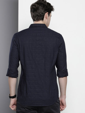 Men's Navy Blue Slim Fit Checked Casual Shirt