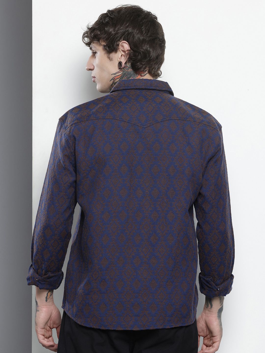 Men's Navy Blue Relaxed Fit Textured Casual Shirt