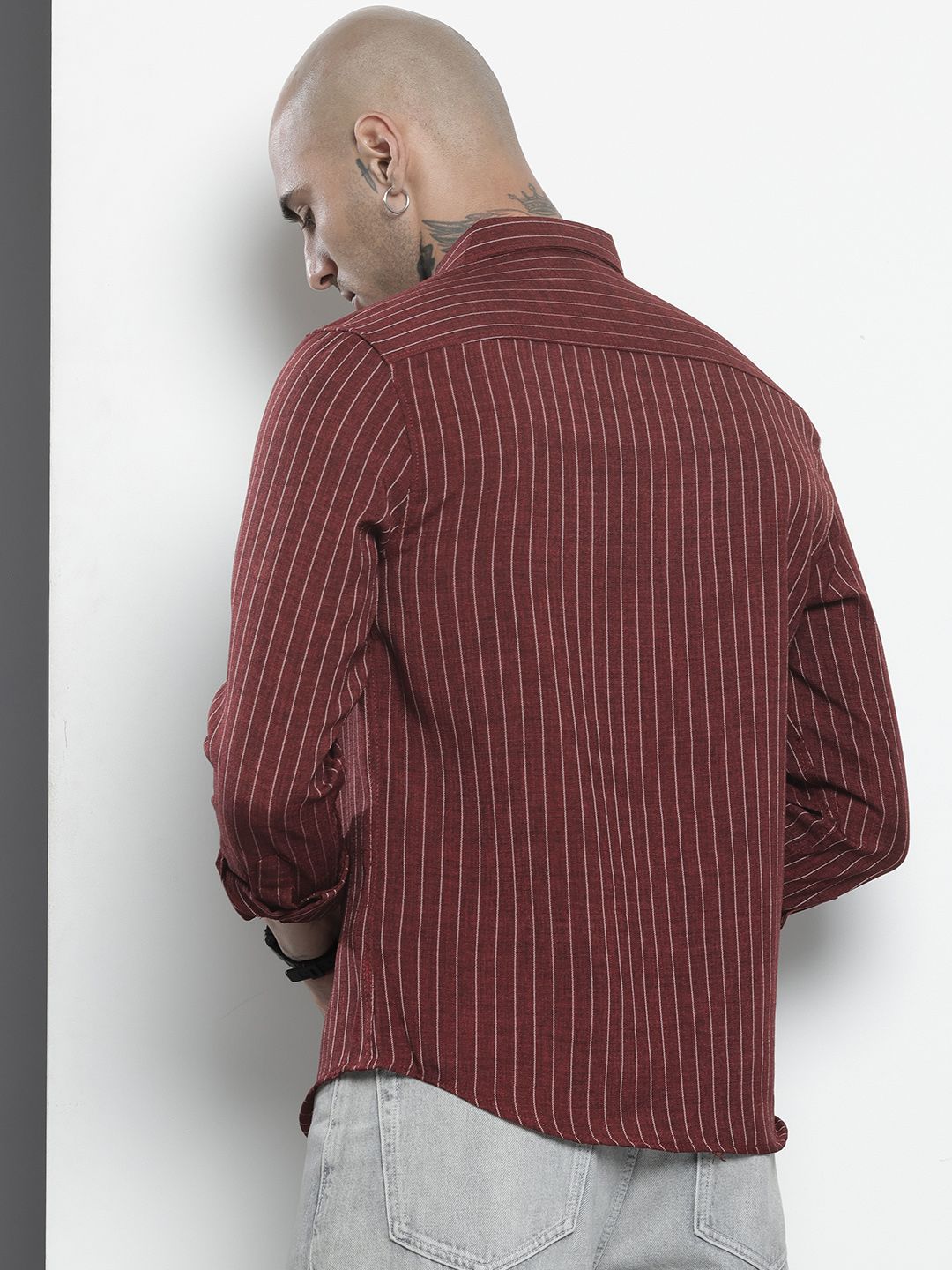 Men's Maroon Slim Fit Striped Casual Shirt