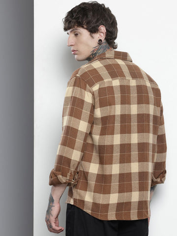 Men's Brown Relaxed Fit Checked Textured Shirt