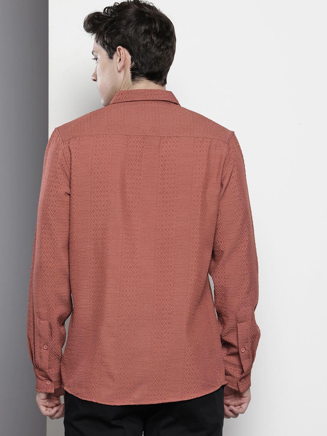 Men's Rust Regular Fit Solid Textured Shirt