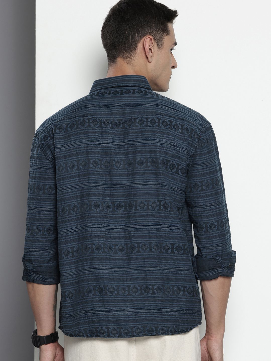 Men's Blue Relaxed Fit Textured Casual Shirt