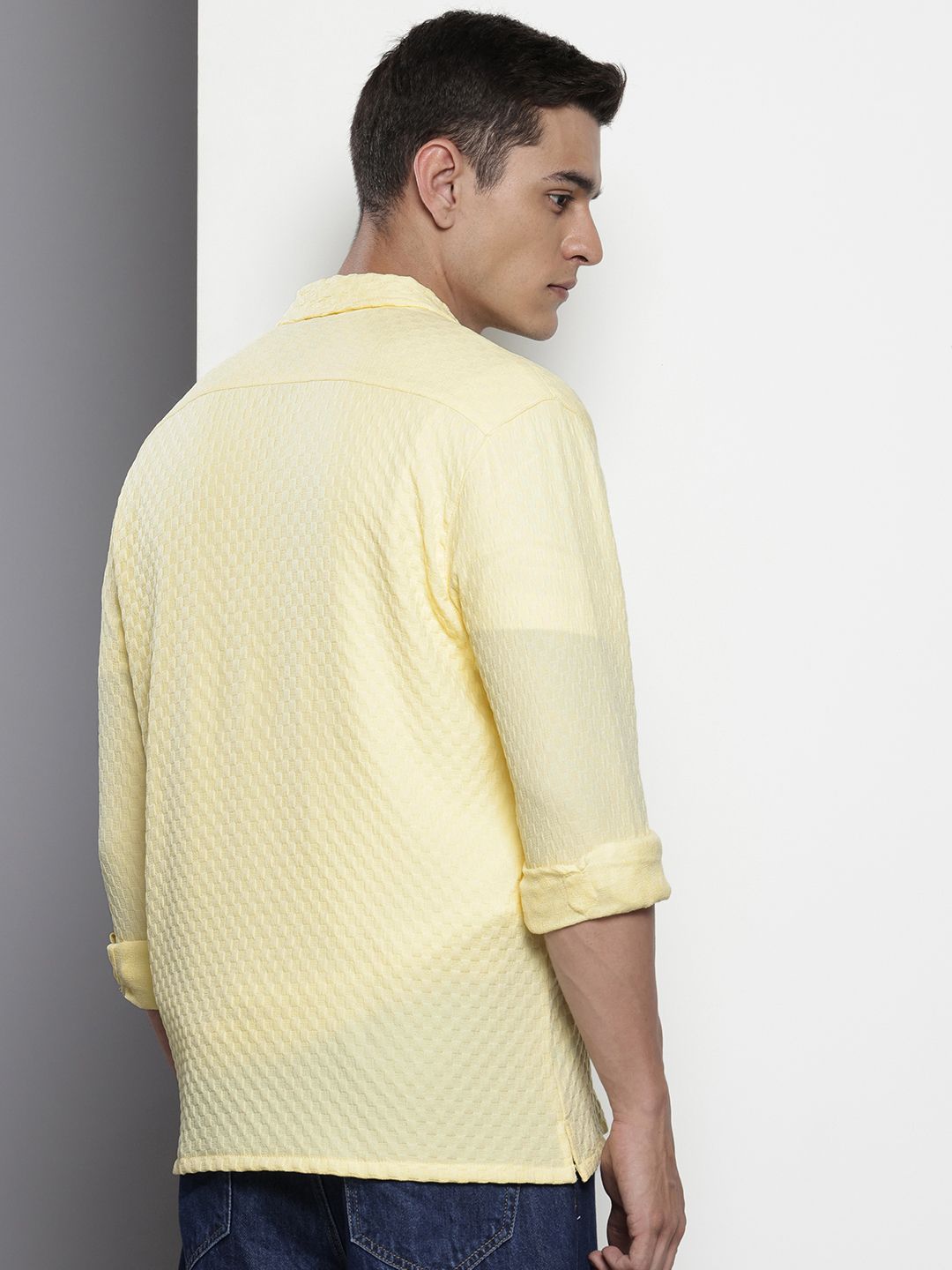 Men's Yellow Relaxed Fit Solid Textured Shirt