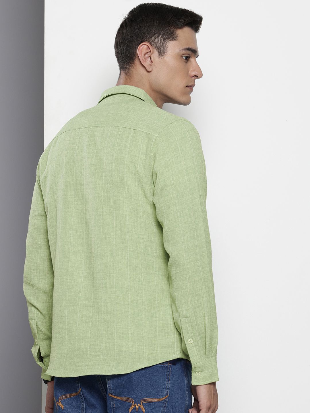 Men's Green Slim Fit Striped Casual Shirt