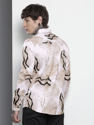 Men's Cream Slim Fit Printed Party Wear Shirt
