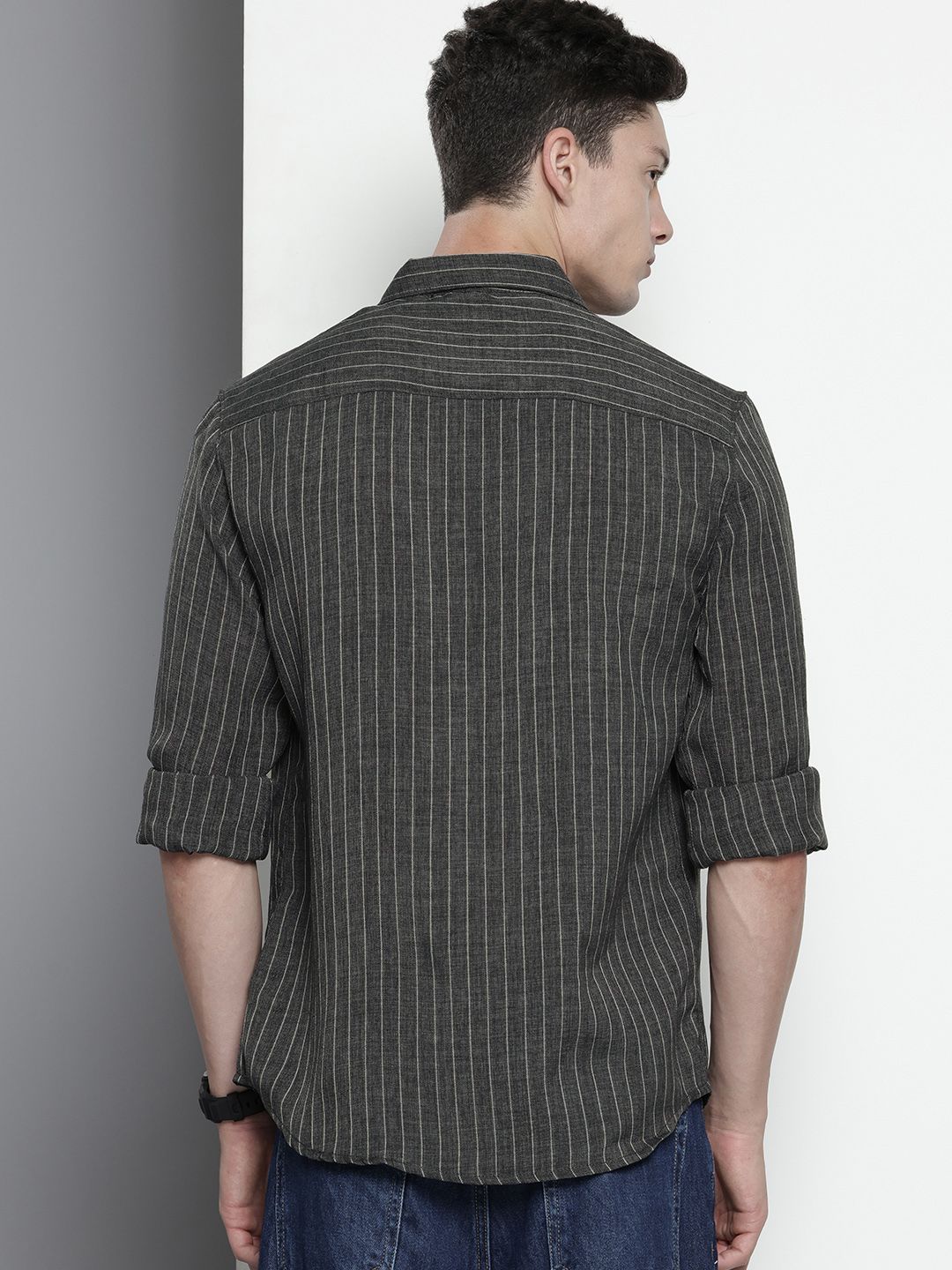 Men's Charcoal Slim Fit Striped Casual Shirt