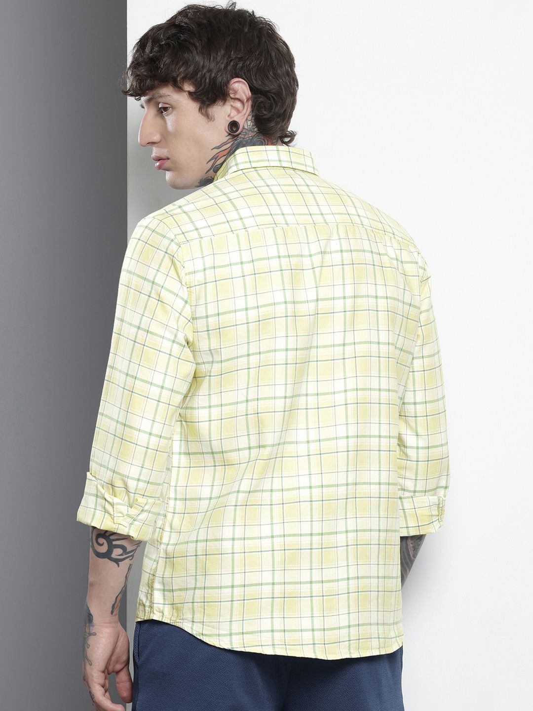 Men's Yellow Slim Fit Checked Casual Shirt