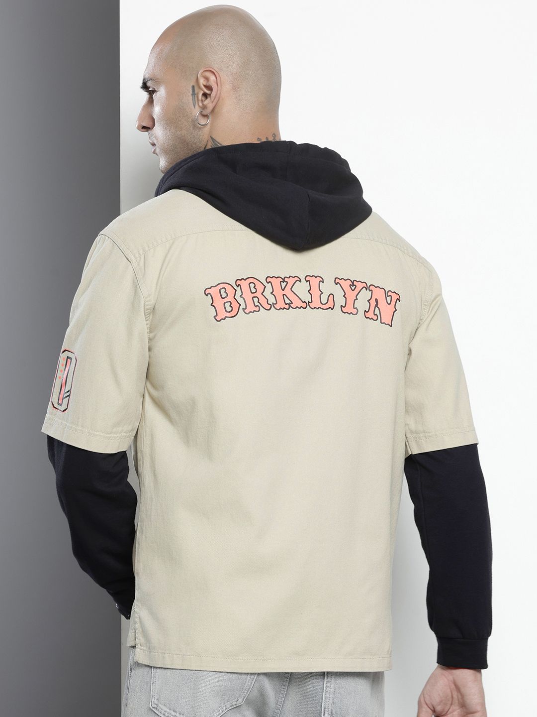 Men's Cream Regular Fit Graphic Print Street Wear Overshirt