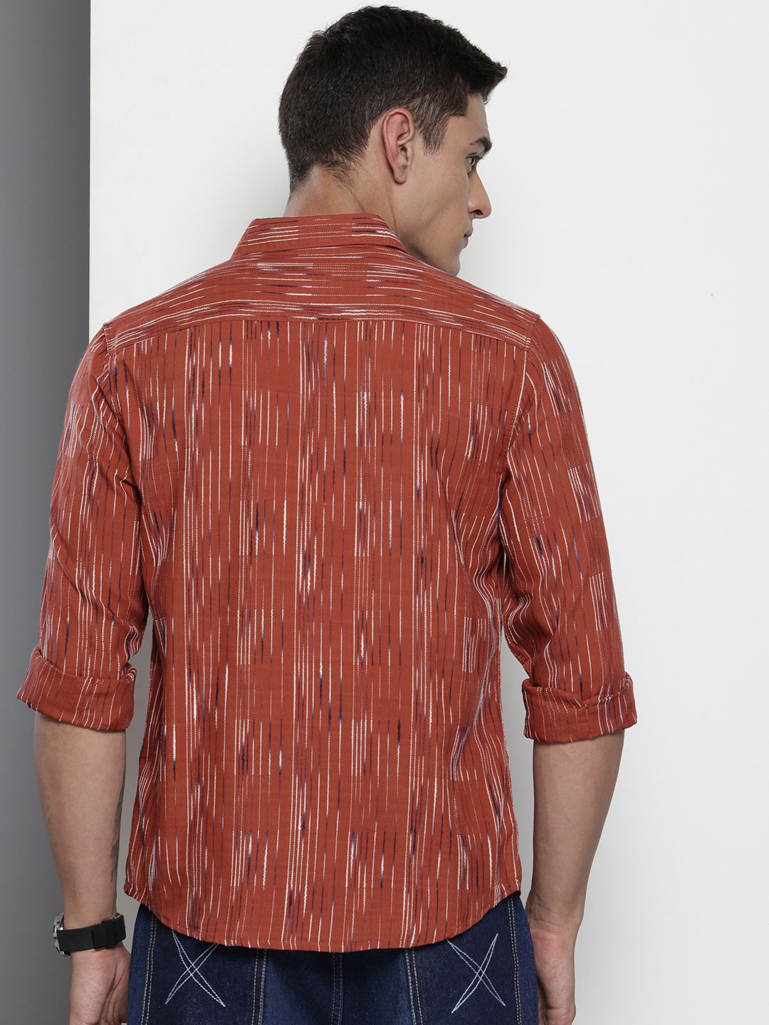 Men's Rust Slim Fit Striped Casual Shirt