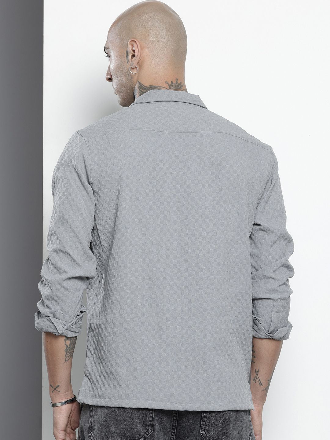 Men's Grey Relaxed Fit Solid Textured Shirt