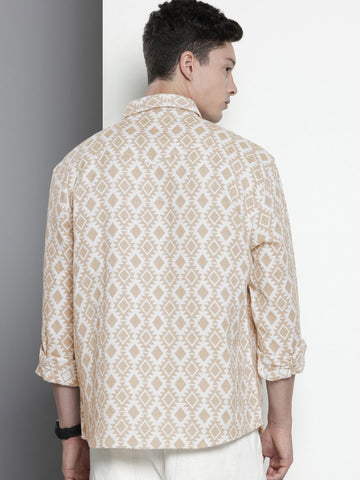 Men's Beige Relaxed Fit Printed Vintage Shirt
