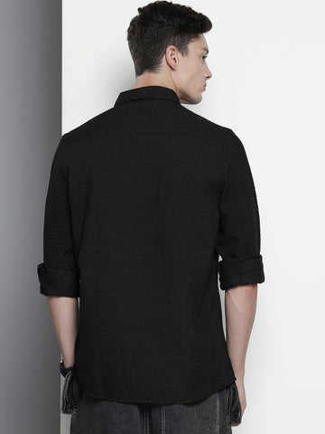 Men's Black Regular Fit Solid Textured Shirt