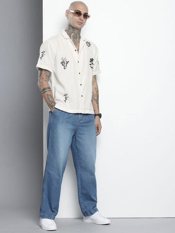 Men's White Relaxed Fit Embroided  Resort Wear Shirt