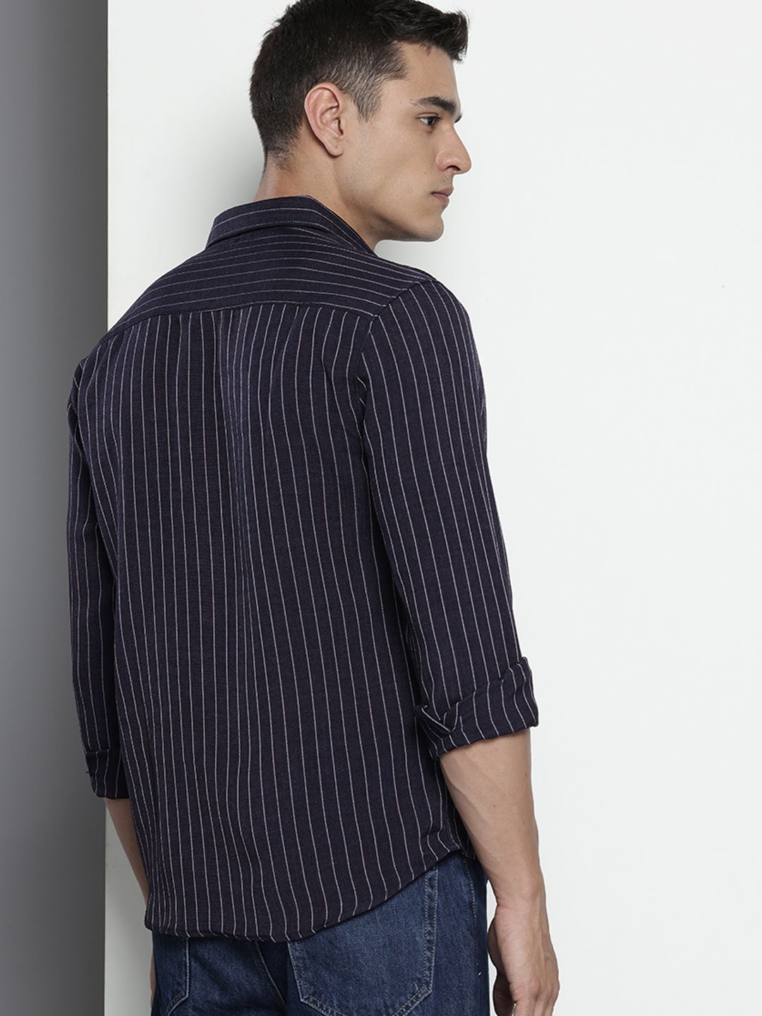 Men's Navy Blue Slim Fit Striped Casual Shirt