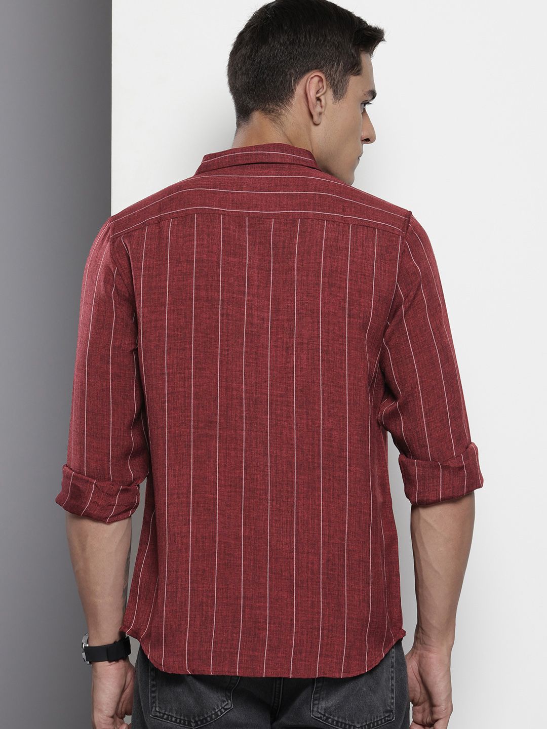 Men's Maroon Slim Fit Striped Casual Shirt