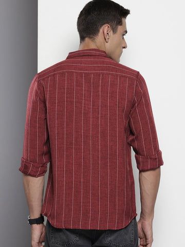 Men's Maroon Slim Fit Striped Casual Shirt