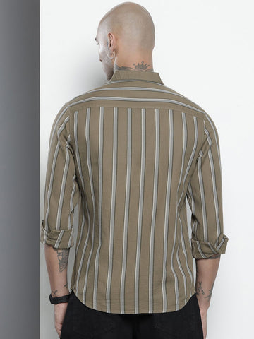 Men's Olive Slim Fit Striped Casual Shirt