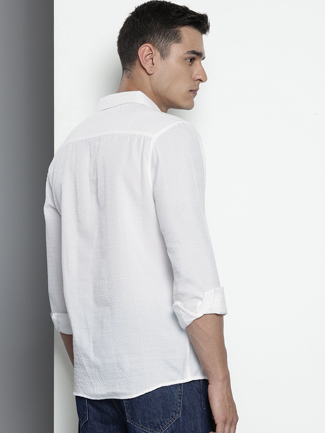 Men's White Regular Fit Solid Textured Shirt