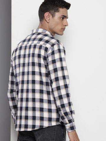 Men's Navy Blue Relaxed Fit Checked Textured Shirt