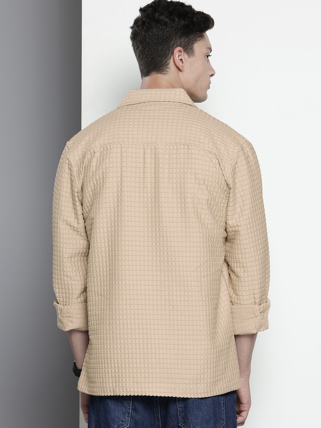 Men's Cream Regular Fit Solid Textured Shirt