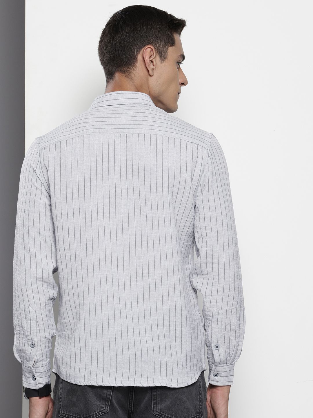 Men's Grey Slim Fit Striped Casual Shirt