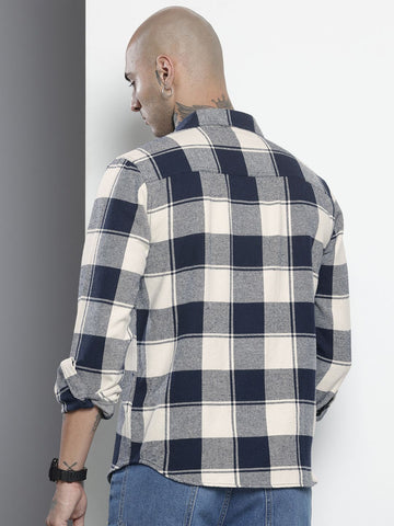 Men's Navy Blue Regular Fit Checked Casual Shirt