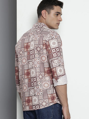 Men's Brown Regular Fit Indie Print Textured Shirt